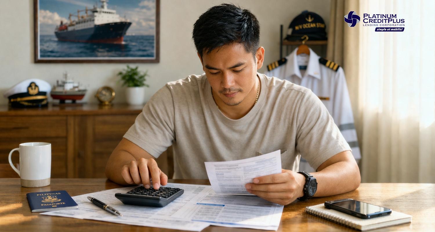 Filipino seafarer reviewing seaman loan amount documents and calculating finances before deployment in the Philippines